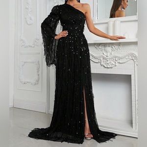 Luxe one shoulder slit thigh party prom wedding holidays sequins dress